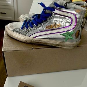 Golden goose spa sneaker slide silver leather green glitter star white